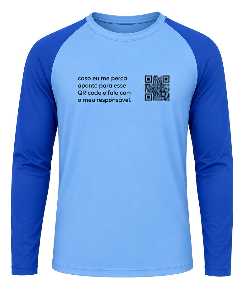 Camiseta azul com QR Code visível para cadastro pelo celular