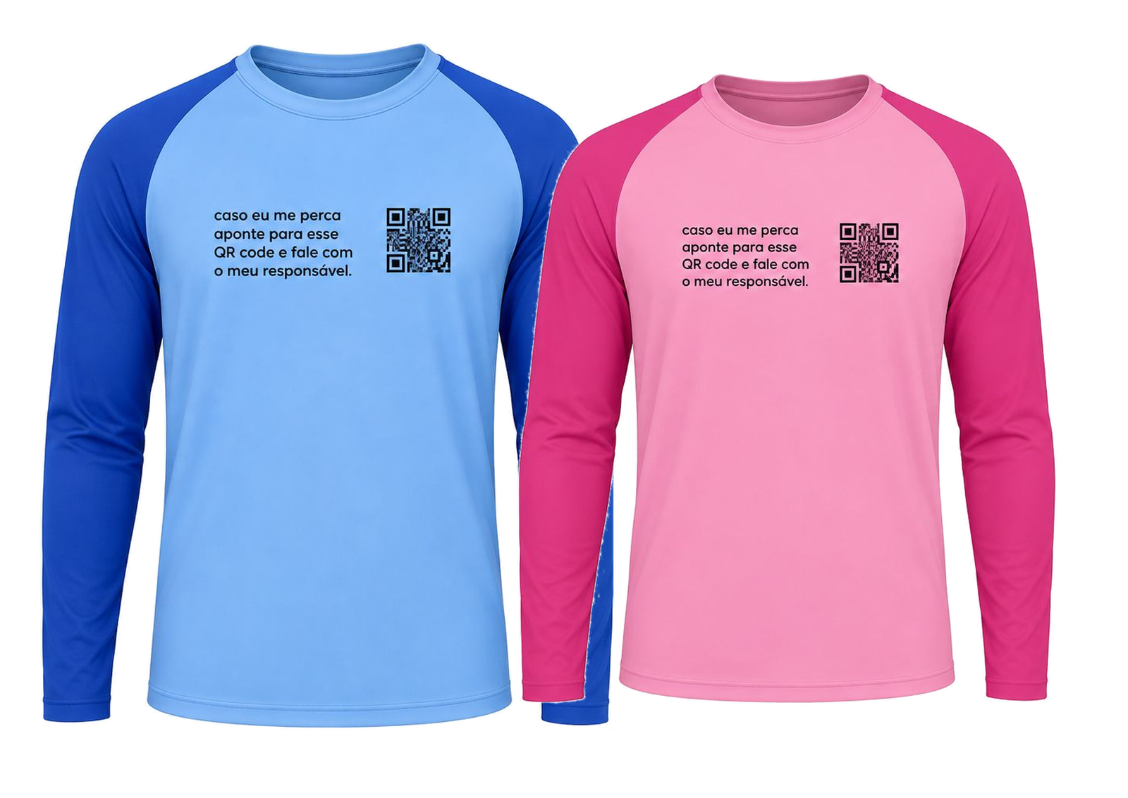 Duas camisetas infantis, uma azul e uma rosa, com QR Code