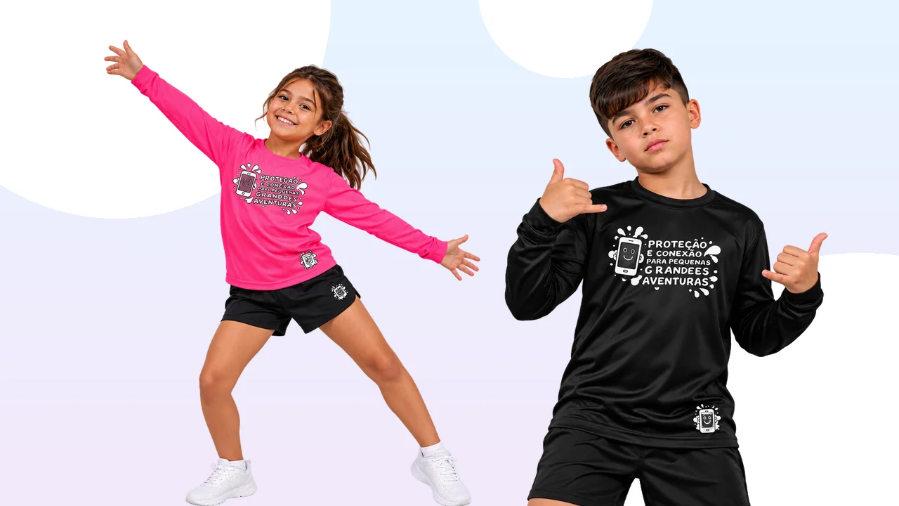 Crianças usando camisetas Proteção e Conexão Kids