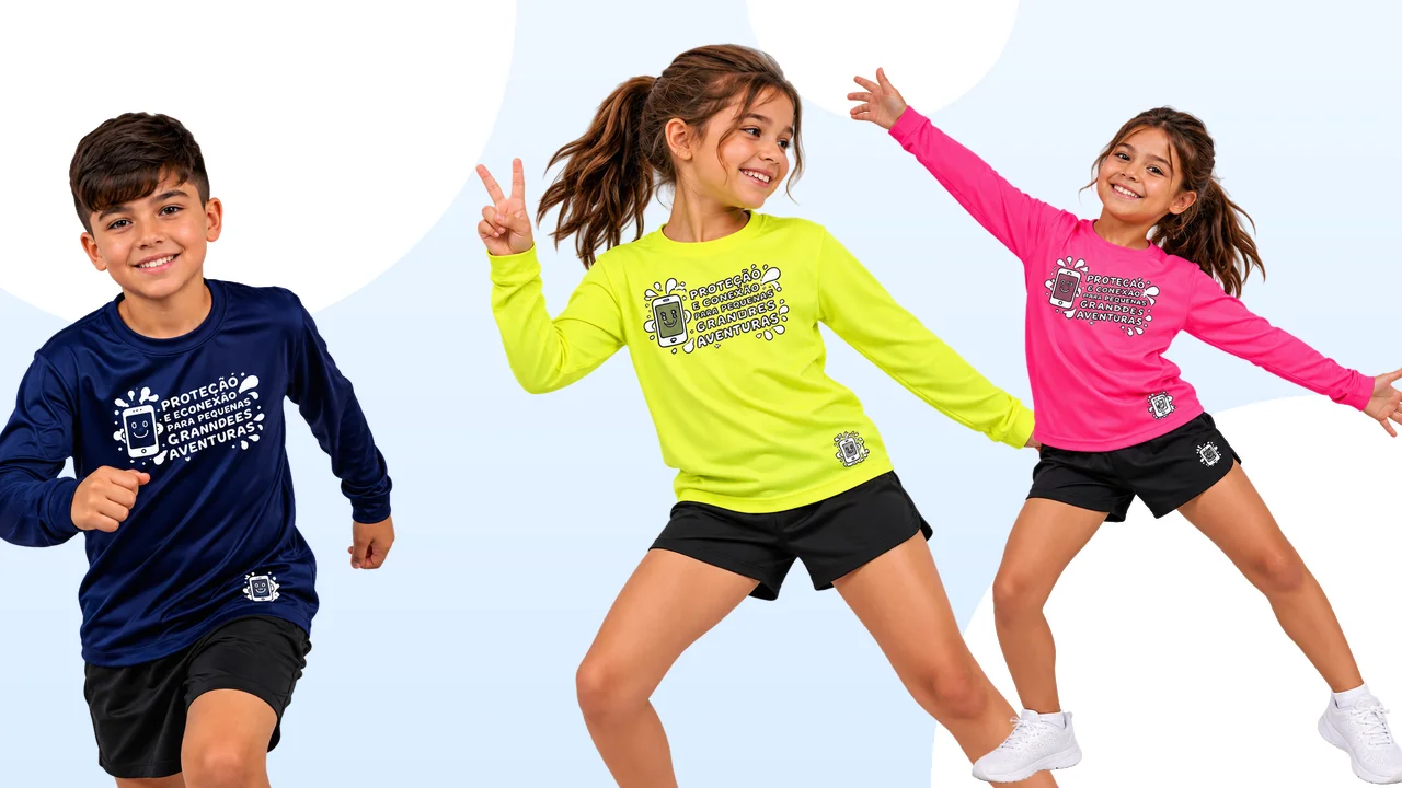 Crianças com camisetas Proteção e Conexão Kids