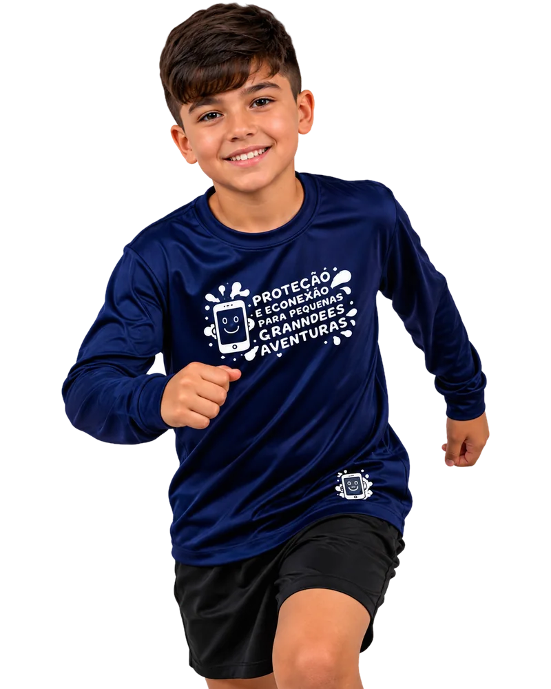 Criança com camiseta azul Proteção e Conexão Kids